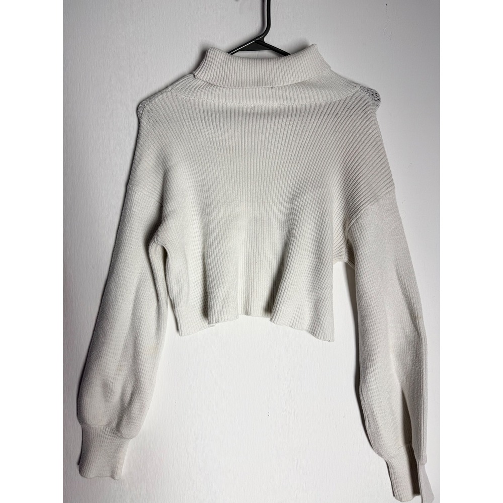 Mi Ami Women Small Cream Ribbed Turtleneck Cropped Puff Sleeve Sweater Off White